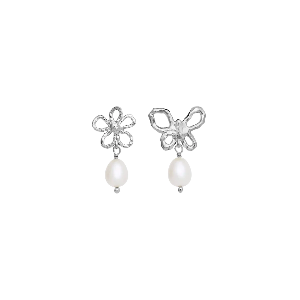 Maanesten Øreringe i Rhodineret Sølv en Blomst, Sommerfugl med ferskvandsperler 10114C