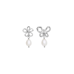 Maanesten Øreringe i Rhodineret Sølv en Blomst, Sommerfugl med ferskvandsperler 10114C