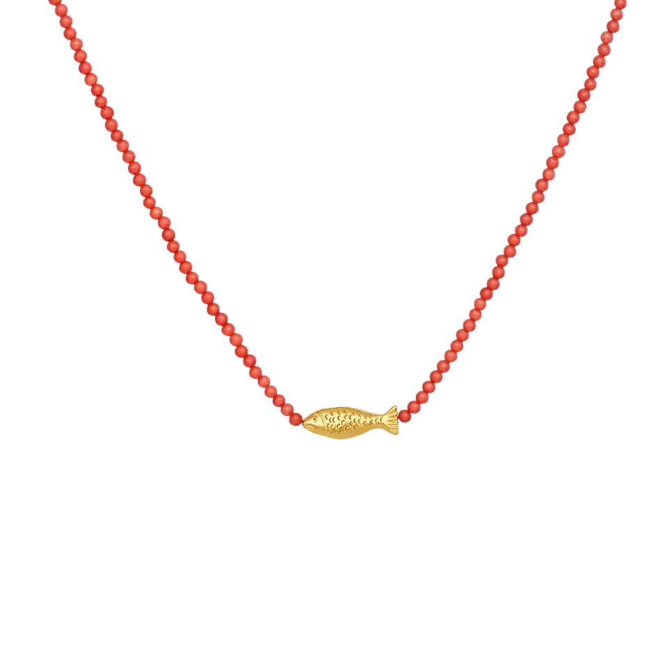 Maanesten Halskæde med Koral og en lille Forgyldt Sølv Fisk  2820A